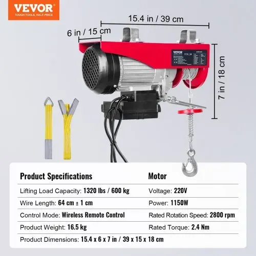 VEVOR elektrische Seilwinde 300kg bis 600kg Hubhöhe 12m Seilzug Motorwinde 1150W Motor Flaschenzug 10m/min Hubgeschwindigkeit Hebezug mit kabelloser Fernbedienung Seilhebezug Kettenzug – Bild 6