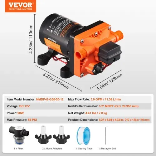 VEVOR 12-V-Membranpumpe, 11,36 L/min, 4-Kammer-DC-Wasserpumpe mit automatischem Druckschalter 40–100 PSI einstellbar, 55 PSI, 1/2 Zoll MNPT-Anschluss, für Wohnmobil, Yacht, Imbisswagen, Camper, Marine – Bild 6