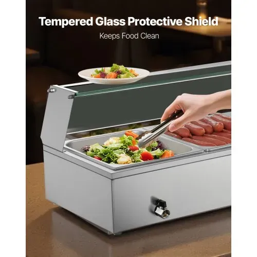 VEVOR kommerzieller Speisenwärmer mit Glasabdeckung & 5 Behälter (1/2-Größe) 1,5 kW Buffetwärmer Edelstahl, Buffetbehälter Buffet-Wasserbad Speisenwärmstation für Restaurants Partys Buffets – Bild 3