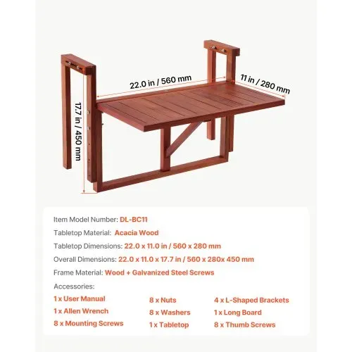 VEVOR Balkonhängetisch 560x280 mm Klapptisch 27 kg Hängetisch Balkontisch, für Terrasse Garten oder Balkon, Passend für 80-135 mm Geländer, Höhenverstellbar, Tischplatte aus Akazienholz, Platzsparend – Bild 6