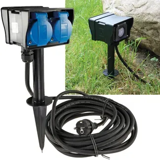 Gartensteckdose mit Erdspieß, 2-fach IP44, 2m Kabel, Zeitschaltuhr Gartensteckdose mit Erdspieß, 2-fach IP44, 2m Kabel, Zeitschaltuhr