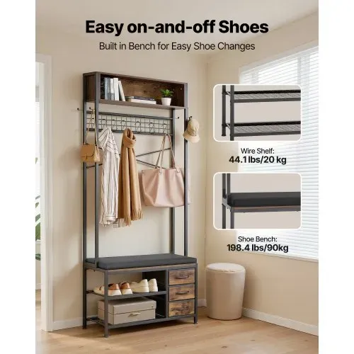 VEVOR Flurgarderobe 80 x 30 x180 cm, Garderobenständer mit Schuhablage (2 Ebenen) & 3 Schubladen, Freistehende Garderobe mit Bücherablage & Metallgitter, Ideal für Eingangsbereich, Schlafzimmer – Bild 3