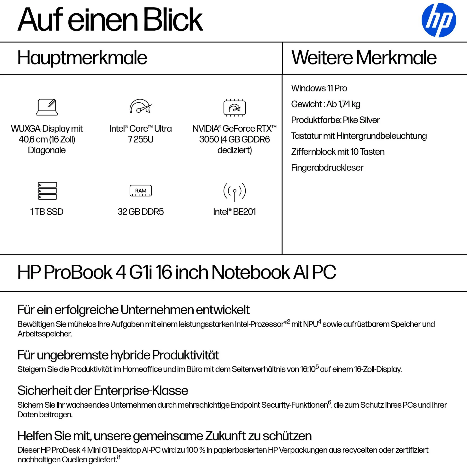 HP ProBook 4 G1i AI Intel Core Ultra 7 255U Laptop 40,6 cm (16") WUXGA 32 GB DDR5-SDRAM 1 TB SSD Wi-Fi 7 (802.11be) Windows 11 Pro AI PC Silber – Bild 4