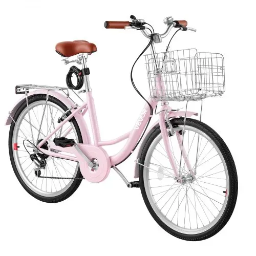 VEVOR Damenfahrrad 24 Zoll Cruiser-Fahrrad 150 kg 7-Gang Citybike Pink, für Pendelfahrten Besorgungen und Strandfahrten, mit Doppelten V-Bremsen, 50 kg Gepäckträger, Schutzblechen und Handschuhen – Bild 10