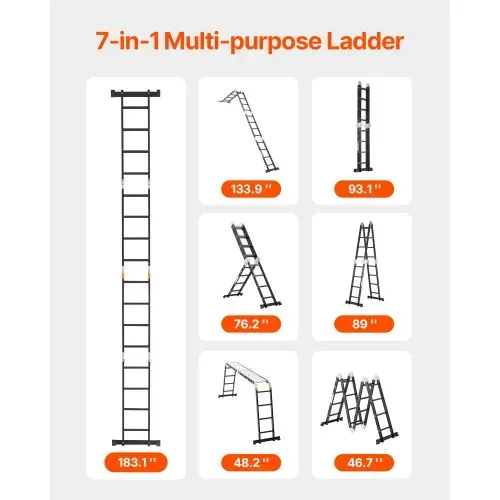 VEVOR Mehrzweckleiter, 7-in-1-Multifunktionsleiter, A-Rahmen mit 4 Stufen und Gerüstbrett, Teleskopleiter, Leitergerüst 4650 mm, strapazierfähig, 150 kg Tragkraft, für den Außenbereich VEVOR Mehrzweckleiter, 7-in-1-Multifunktionsleiter, A-Rahmen mit 4 Stufen und Gerüstbrett, Teleskopleiter, Leitergerüst 4650 mm, strapazierfähig, 150 kg Tragkraft, für den Außenbereich