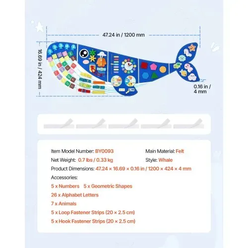 VEVOR Montessori Busy Board 12-in-1 Faltbares Wandmotorikbrett aus Filz Wal, Sensorisches Spielzeug zur Bildung & Frühe Entwicklung für Kinder, mit Zahlen Buchstaben Tieren Formen Uhr & Lernelementen – Bild 6