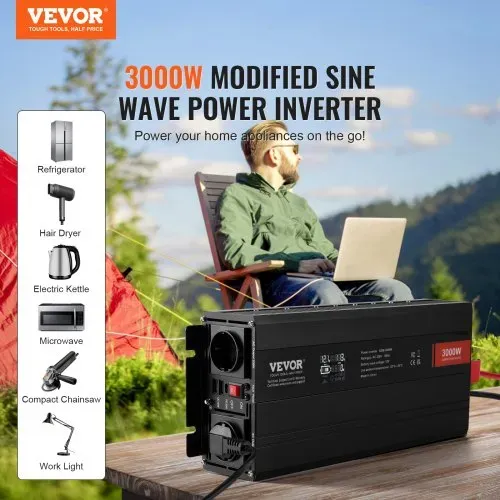 VEVOR Sinus-Wechselrichter 3000 W DC 12 V AC 230 V LCD-Display Wechselrichter mit 3 AC-Steckdosen 2 USB-Anschlüssen 1 Typ-C-Anschluss 10 Ersatzsicherungen für große Haushaltsgeräte VEVOR Sinus-Wechselrichter 3000 W DC 12 V AC 230 V LCD-Display Wechselrichter mit 3 AC-Steckdosen 2 USB-Anschlüssen 1 Typ-C-Anschluss 10 Ersatzsicherungen für große Haushaltsgeräte