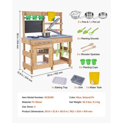 VEVOR Spielküche, Kinderküche, Spielzeugküche mit Herd, Haken, Spülbecken, Pflanzspaten, Pfannenwendern, Griffen, Kochgeschirr & Zubehör, Holzküche für KInder ab 3 Jahren, 762x324x914 mm – Bild 6