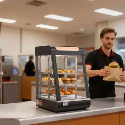 VEVOR 3-stöckige Wärmetheke 57 L, Warmhaltevitrine 800 W, Warmhaltetheke 30–85 °C, Speisenwärmer mit LED-Beleuchtung & Verstellbaren Ablagen, Speisevitrine für Hamburger Pizza Brot Brathähnchen – Bild 7