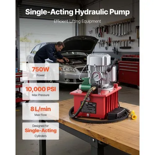 VEVOR Elektrische Hydraulikpumpe 750 W, Einfachwirkende Elektrohydraulikpumpe 10000 PSI, Hydraulikaggregat, Magnetventil mit Fußschalter, 8 L Öltank, für Stanz-, Biege- und Einfachwirkende Zylinder VEVOR Elektrische Hydraulikpumpe 750 W, Einfachwirkende Elektrohydraulikpumpe 10000 PSI, Hydraulikaggregat, Magnetventil mit Fußschalter, 8 L Öltank, für Stanz-, Biege- und Einfachwirkende Zylinder