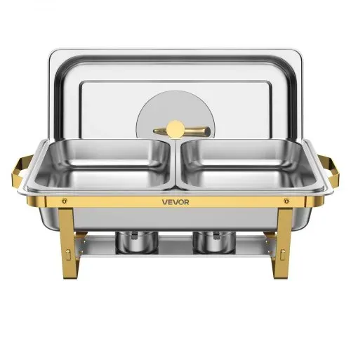 VEVOR Chafing Dish Set 4-tlg. Buffets je 8,52 L Edelstahl Warmhaltebehälter, Hochzeiten, Partys, Bankette, Faltbarer Ständer, 2 Behälter in Voller Größe und 4 Behälter in Halber Größe, Servierzange – Bild 9