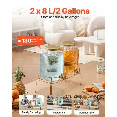 VEVOR Getränkespender (2 x 8 L) für Partys Saftspender (aus Glas) mit tropfsicherem Zapfhahn & Metallständer Wasserspender für Restaurants Partys, Limonade Eistee selbstgemachte Getränke Spender VEVOR Getränkespender (2 x 8 L) für Partys Saftspender (aus Glas) mit tropfsicherem Zapfhahn & Metallständer Wasserspender für Restaurants Partys, Limonade Eistee selbstgemachte Getränke Spender