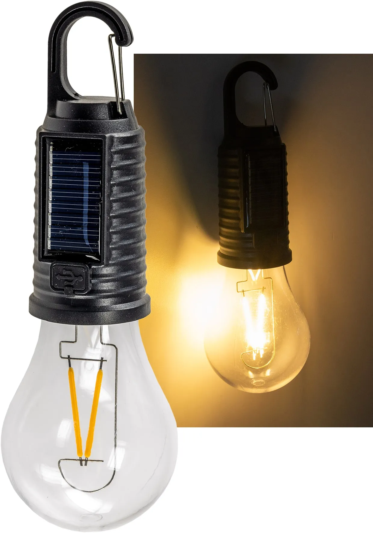 Solar LED Glühlampe mit Akku „CT-KL3“ mit Haken / Karabiner, 3000k / Warmweiß Solar LED Glühlampe mit Akku „CT-KL3“ mit Haken / Karabiner, 3000k / Warmweiß