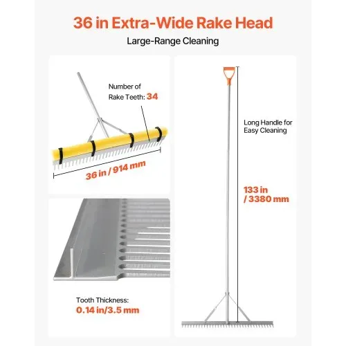 VEVOR Rechen Aluminium, 914 mm Kopf, 2590 mm Stiel, großes, Laubrechenwerkzeug für die Landschaftsgestaltung, Gartenrechen zum Auflockern von Erde, Garten & Hof, Teichkies & Strandrasenpflege – Bild 2