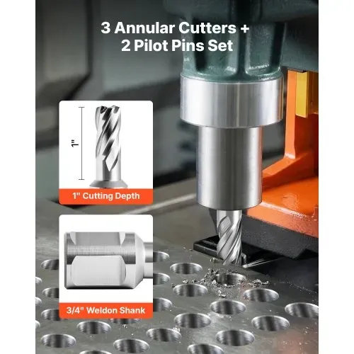 VEVOR HSS-Kernbohrer Weldon-Schaft 5-tlg. Magnetbohrer 25,4 mm Schnittdurchmesser, 3 Bohrer mit 2 Zentrierstiften, 25,4 mm Schnitttiefe, 3 Kunststoffboxen für Magnetbohrmaschinen, Stahl, Aluminium – Bild 2