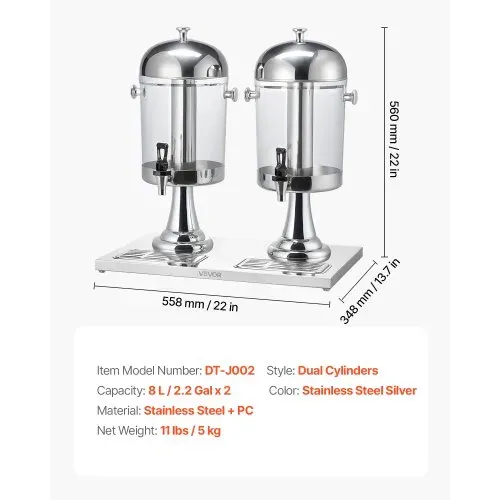 VEVOR Getränkespender (2 x 8 L) für Partys Saftspender (aus Edelstahl + Polycarbonat) mit tropfsicherem Zapfhahn & Sockel Wasserspender für Restaurants Partys, selbstgemachte Getränke Spender – Bild 6