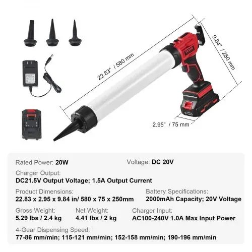 VEVOR Akku-Kartuschenpistole Kartuschenpresse Silikonpistole (20 V, für 600 ml-Kartuschen, bis zu 270 kg, 4-Gang einstellbare Drehzahl, Inkl. Akku und Ladegerät) Kompatibel mit Acrylsäure, Klebstoffe – Bild 6