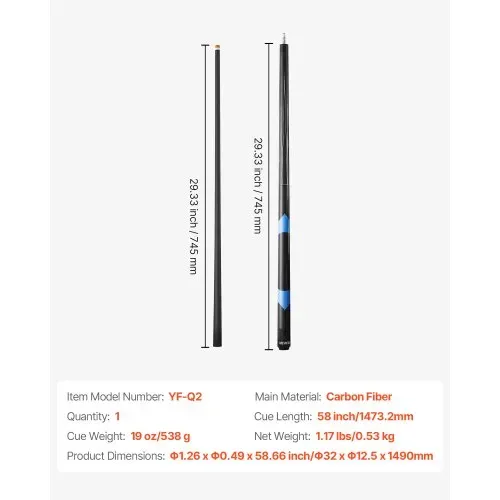 VEVOR Billardqueue 1 Stk. (1473,2 mm / 538 g) aus Kohlefaser mit gepresster Bakelitspitze & ABS-Verbindungsring, Billardstock geeignet für Bar Zuhause Büro Amerikanisches 9-Ball-Spiel, pool cue – Bild 6