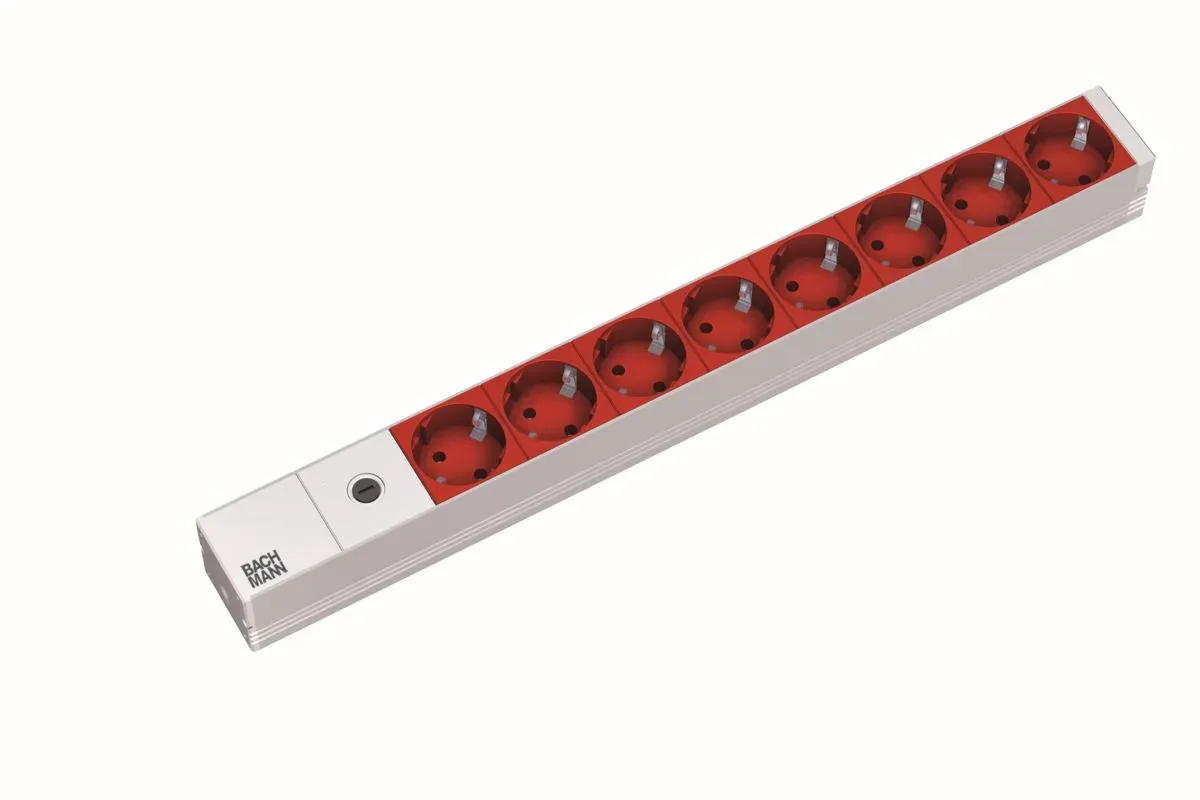 ALLNET 19″zbh. Steckdosenleiste, 8xDosen(CEE7)->Kaltgeräte(Stecker,C14), mit Feinsicherung 10A, ALU, Lichtgrau/Rot, Bachmann, ALLNET 19″zbh. Steckdosenleiste, 8xDosen(CEE7)->Kaltgeräte(Stecker,C14), mit Feinsicherung 10A, ALU, Lichtgrau/Rot, Bachmann,