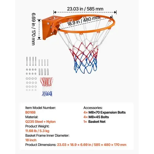 VEVOR Basketball-Felge, an der Wandtür montierter Basketballkorb, robuster Q235-Basketball-Flex-Rand-Torersatz mit Netz, Standard-18-Zoll-Hänge-Basketballkorb für den Innen- und Außenbereich für Kinder und Erwachsene – Bild 6
