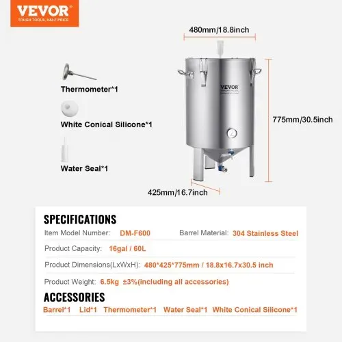 VEVOR Bierbrauanlage Bierbraugerät Kessel aus Edelstahl 60 L Bierfermenter, Braueimer-Fermenter zum Brauen, Heimbrauzubehör mit Sockel, Kessel-Suppentopf inkl. Deckel, Griff, Ventil, Zapfhahn – Bild 6