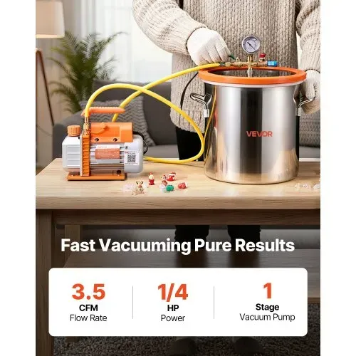 VEVOR Vakuumpumpe mit 18,9 L Vakuumkammer, 3,5 CFM 99 L/min, 180 W, 1-stufige Unterdruckpumpe, Vacuum Pump Kit, 1,5 m Schlauch, zur Stabilisierung von Holz & Entgasung von Silikonharz VEVOR Vakuumpumpe mit 18,9 L Vakuumkammer, 3,5 CFM 99 L/min, 180 W, 1-stufige Unterdruckpumpe, Vacuum Pump Kit, 1,5 m Schlauch, zur Stabilisierung von Holz & Entgasung von Silikonharz