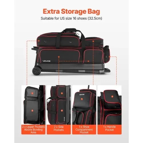 VEVOR Bowlingballtasche für 3 Bälle mit Doppelrollen & separatem Fach für Schuhe (bis US-Größe 16) & übergroßer Zubehörtasche, einziehbarer Griff lässt sich auf 105 cm ausziehen Schwarz + Rot – Bild 4