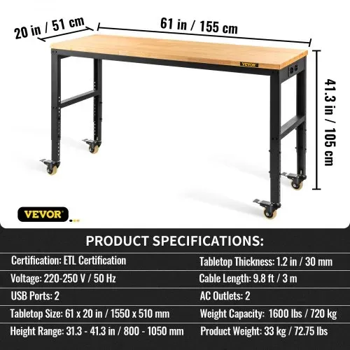VEVOR Werkbank, höhenverstellbar, 154,9 x 50,8 cm, Garagentisch mit 79,5 cm – 104,9 cm Höhe und 725,7 kg Kapazität, Steckdosen und Hartholzplatte und Metallrahmen und Lenkrollen, für Werkstatt Büro Zu – Bild 6