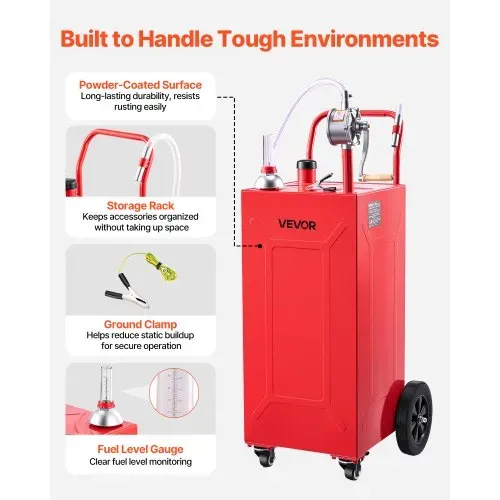VEVOR 132,5L Kraftstofftrolley Mobile Tankanlage mit Manueller Pumpe Rot, Tragbarer Kraftstoffbehälter für Auto Rasenmäher ATV, Mit 4 Rollen & Ölstandsanzeige, Für Benzin & Diesel, Kohlenstoffstahl – Bild 5