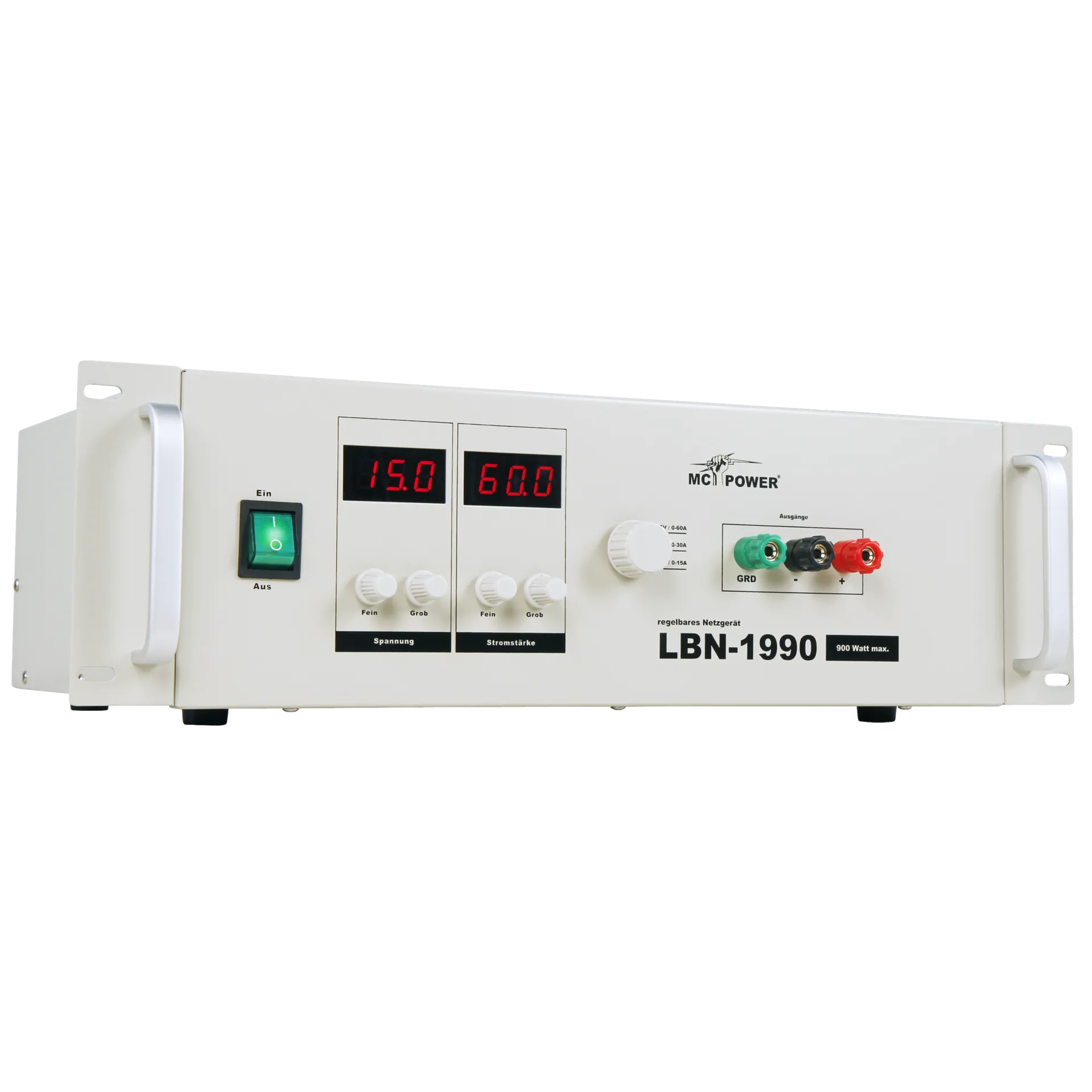 Netzgerät McPower “LBN-1990“ 19“, 3 regelbare Bereiche 0-15V, 0-30V, 0-60V, 900W, max. 60A Netzgerät McPower “LBN-1990“ 19“, 3 regelbare Bereiche 0-15V, 0-30V, 0-60V, 900W, max. 60A