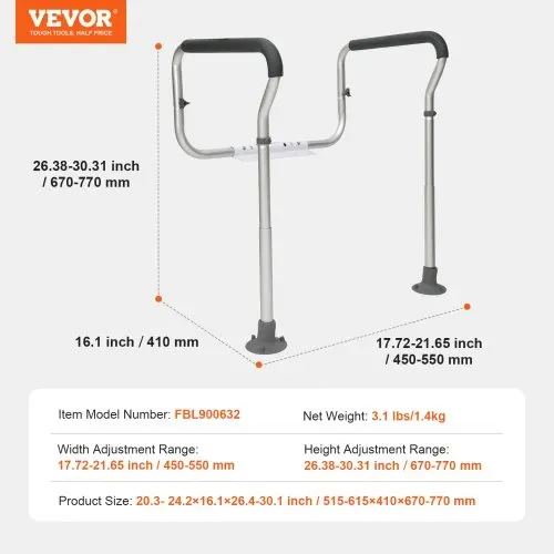 VEVOR Toiletten Aufstehhilfe Toilettensitzerhöhung Armlehne 45–55 cm / 67-77 cm Einstellbar, 136 kg Tragfähigkeit Robust WC Aufstehhilfe Toiletten Haltegriffe Toilettensitzerhöhung WC Haltegriff – Bild 6