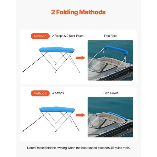 VEVOR Bimini Top Bootsabdeckung Sonnenverdeck (3 Bögen) aus 600D Polyester mit Rahmen aus Aluminiumlegierung, wasserdichte Sonnenschutz-Bootsmarkise mit Aufbewahrungstasche, 137-152 cm (B) Blau – Bild 3