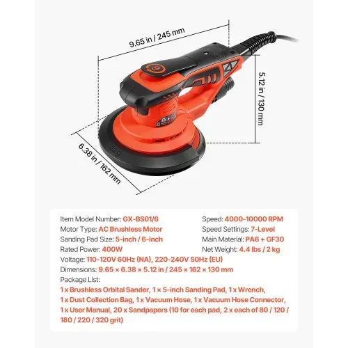 VEVOR 400W Bürstenloser Exzenterschleifer mit 127mm & 152mm Schleifteller, 4000-10000U/min, 7 Stufige Drehzahlregelung, 20 Schleifpapiere, Staubbeutel, 4m Netzkabel, Handschleifer für Holzbearbeitung – Bild 6