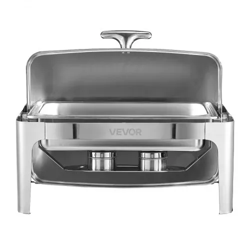 VEVOR Chafing Dish Set Speisenwärmer Edelstahl mit Pfannen in voller Größe (8,5 L), rechteckiger Wärmespender mit Roll Top Deckel & Wasserpfannenständer & Brennstoffhalter, für Buffet Silber – Bild 8