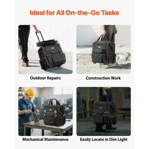 VEVOR Werkzeugtasche mit Rollen, 50 kg Tragkraft, 25 Taschen, Arbeitsrucksack, verstellbarer Teleskopgriff & stabiler Standfuß, Werkzeugtaschen-Organizer für Bau, Mechanik, 390x290x420 mm – Bild 5