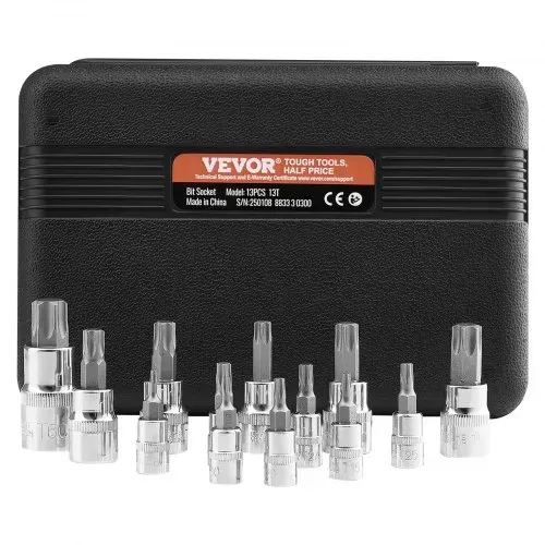 VEVOR Torx Bohrer Steckschlüsselsatz 13-tlg. Stern T8–T60, S2-Legierungsstahl & Cr-V-Stahl, 1/4 Zoll & 3/8 Zoll & 1/2 Zoll Antriebe, mit Aufbewahrungskoffer, Torx-Steckschlüssel für Autoreparatur – Bild 8