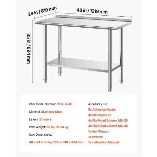 VEVOR Gasto Arbeitstisch 1219 x 610 x 894 mm, Edelstahltisch mit 2 Ebenen & Aufkantung & Höhenverstellbaren Ablagen Obere Ablage (245 kg) Untere Ablage (204 kg) Vorbereitungstisch für Restaurant – Bild 6