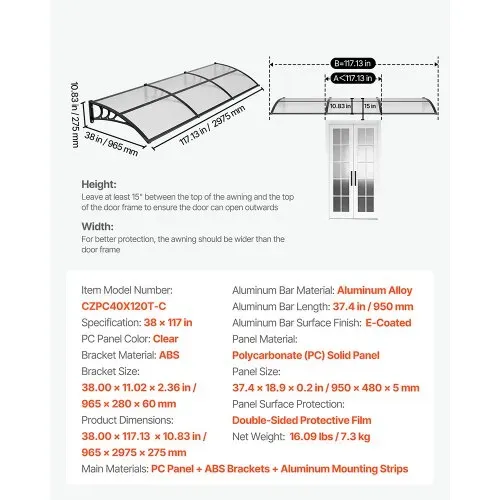 VEVOR Vordach für Haustür 965x2975 mm, Pultbogenvordach, Pultvordach mit Entwässerung & ABS-Halterung, Regen-, Schnee- & Sonnenschutz, Polycarbonat-Überdachung für Veranda & Terrasse, Transparent – Bild 6