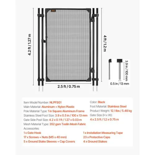 VEVOR Poolzaun Tor 1,2x0,75 m, Tür für Poolschutzzaun Kinderschutzzaun, Sicherheitstor-Set mit Metallriegel, 352 g/m² Teslin-PVC-Gewebe, Vierkantrohr, Abschließbar, für Schwimmbecken, Schwarz – Bild 6