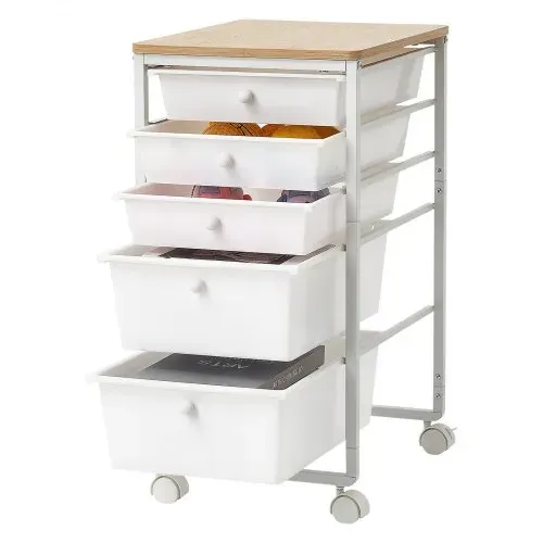 VEVOR Rollwagen mit 5 Schubladen Mobiler Rollcontainer 400x330x635mm Weiß, Metallgestell, Holztischplatte, Handgriffe, Lenkrolle mit 2 Bremsen, Aufbewahrungswagen für Büro Bastelzimmer Schlafzimmer – Bild 10