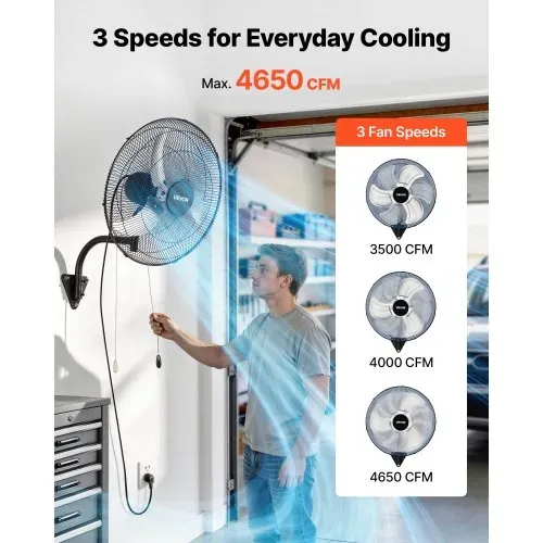 VEVOR 65W Industrieller Wandventilator 57 cm, 6 m/s Oszillierender Wandlüfter mit 3 Stufen & Verstellbarem Neigungswinkel, Gewerblicher Industrieventilator für Werkstatt Garage Lager Gym, Schwarz – Bild 3