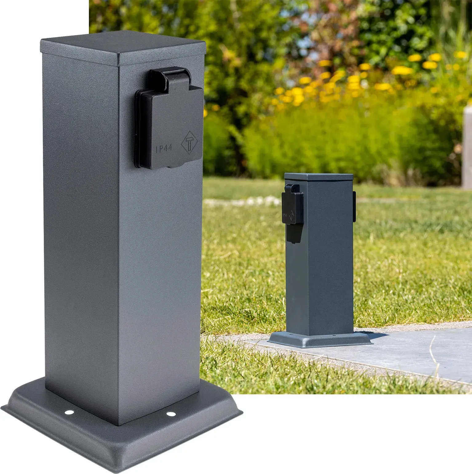 Steckdosensäule 2-fach, IP44, Anthrazit 250V~/ 16A, 13x13x27cm Steckdosensäule 2-fach, IP44, Anthrazit 250V~/ 16A, 13x13x27cm
