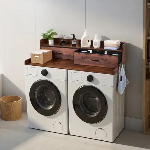 VEVOR Arbeitsplatte für Waschmaschine & Trockner (137 x 69,9 cm) mit Ablage & 2 Schubladen & Haken, für Wäscheschrank Speisekammer Küchentheke, 113 kg Belastbar, Braun, Ablagefläche für Waschmittel – Bild 7