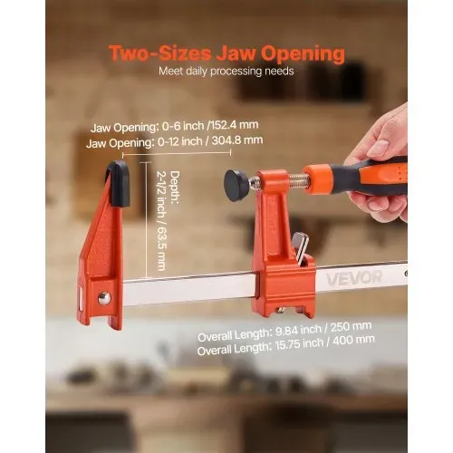 VEVOR Stangenklemmen für Holzbearbeitung 4 Stk. (15,24 / 30,48 cm) Öffnung, feststellbare F-Klemme mit 272 kg Belastungsgrenze, 63,5 mm Tiefe, Gusseisen & Kohlenstoffstahl, Metallbearbeitung – Bild 2