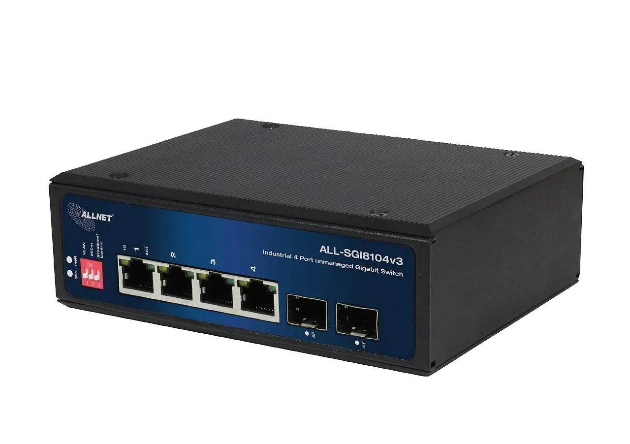 ALLNET Switch industrial unmanaged Layer2 6 Port GbE • 4x GbE • 2x SFP • Lüfterlos , IP40 • ALL-SGI8104v3 – Bild 3