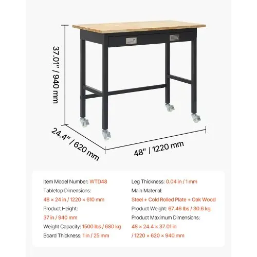 VEVOR Werkbank 1220x610 mm, Werktisch 680 kg, Garagentisch mit Schubladen & Rollen, Werkstatttisch, Werkzeugtisch, Werkstatteinrichtung, Multifunktionstisch für Garage, Werkstatt, Büro & Zuhause – Bild 6