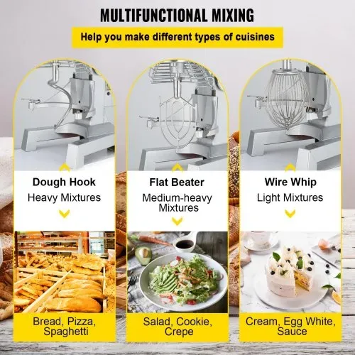 VEVOR Teigknetmaschine Küchenmaschine, 15 Qt Edelstahl Teigmixer, 600 W, einstellbar (130/233/414 U/min), inkl. Edelstahlschüssel, Knethaken, Schneebesen, Rührbesen, ideal für Bäckereien, Restaurants – Bild 4