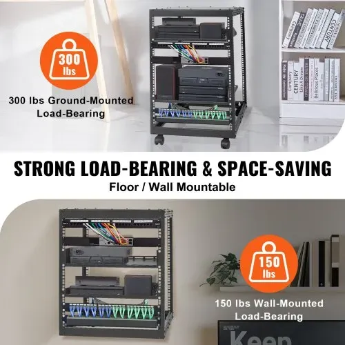 VEVOR 15U-Server-Rack mit offenem Rahmen, 15''-40'' verstellbare Tiefe, freistehender oder wandmontierter Netzwerk-Server-Rack, 4-Pfosten-AV-Rack mit Rollen, bietet Platz für Ihre gesamte Netzwerk-IT- – Bild 2