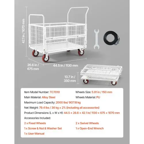 VEVOR Plattformwagen mit Gitterwänden 907 kg, 6-in-1 faltbarer Transportwagen mit Schwenkrädern, Schwerlast-Handwagen, Multifunktionaler Materialwagen, für Lebensmittel, Wäsche, 1130x675x1070 mm – Bild 6