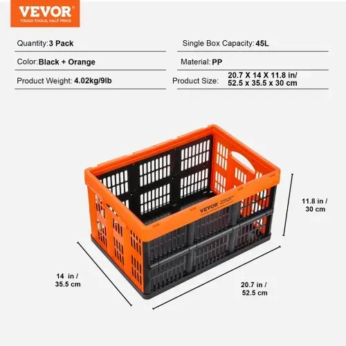 VEVOR 3er-Set 45L Profi Klappbox aus PP Transportbox Faltbarer Aufbewahrungsbox mit Handgriff Stapelbare Kisten Storage Box Faltboxen Stapelboxen für Aufbewahrung & Transport Orange – Bild 6
